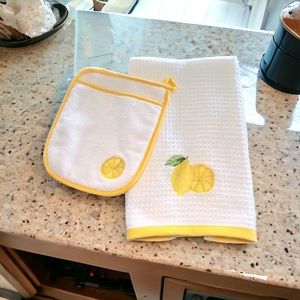 LA PATISSERIE Lemon Kitchen Towel and Pot Holder Set Turkish Cotton White Yellow